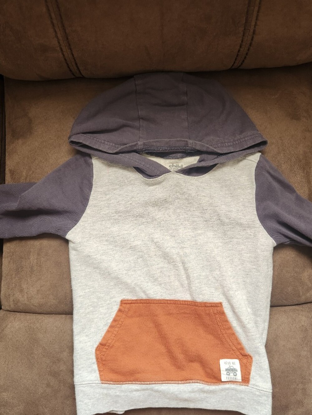Childrens Hooded Pullover in Gray with Navy Sleeves and Rust Pocket